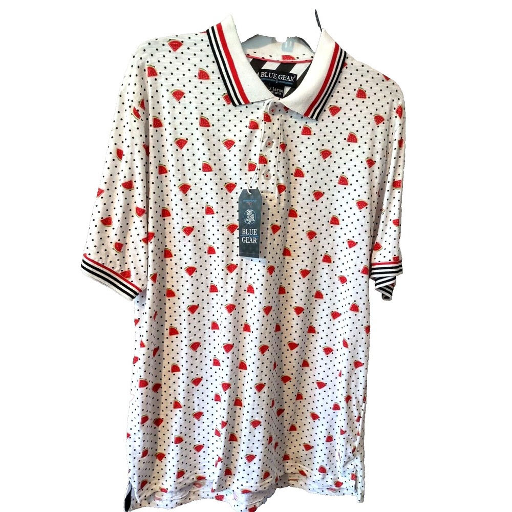 Blue Gear Polo Shirt Mens Small White Watermelon Polka Dot New Whimsical Retro